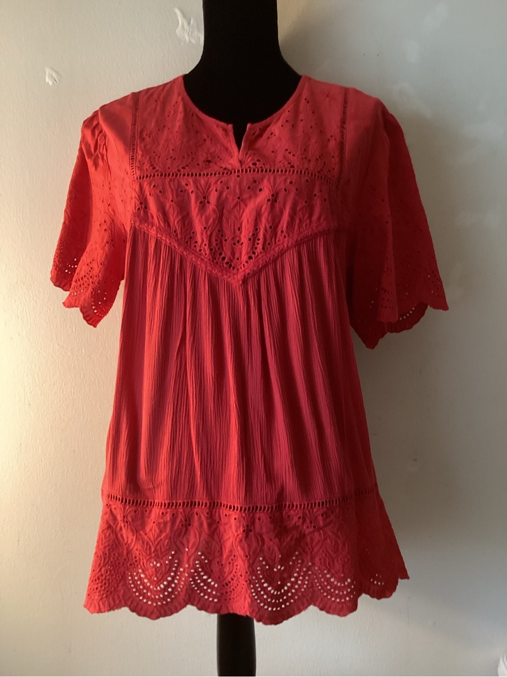 Knox Rose Women's Red Eyelet Peasant Top - Casual Boho Blouse